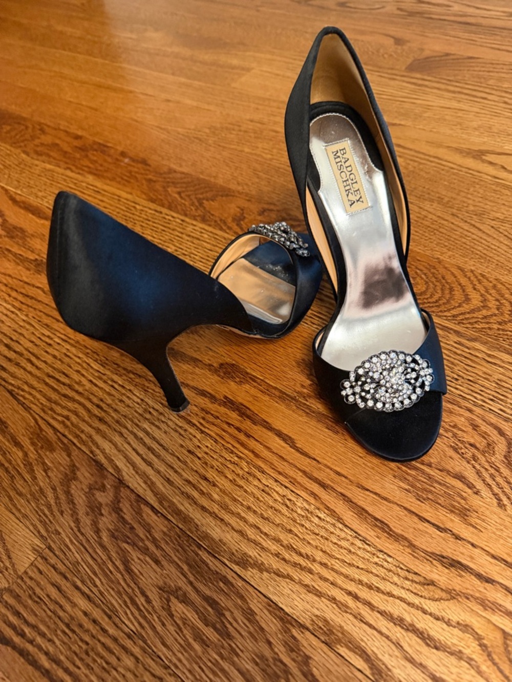 Badgley Mischka Black Satin Crystal-Embellished Open-Toe Pumps